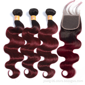 Grade 10A Peruvian Cuticle Aligned Hair 1b/99j# Body Wave Human Hair Bundles 3 Bundles with Closure